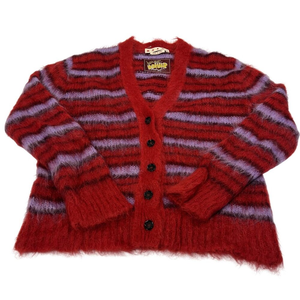 Marni Iconic Brushed Mohair Stripe V-Neck Cardigan in Red Multi